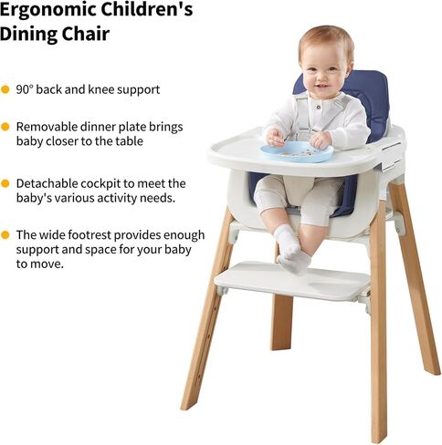 كراسي عالية خشبية للرضع والأطفال الصغار، كرسي أكل للأطفال مع صينية ووسادة قابلة للإزالة ودواسة من 4 مستويات وحزام مبطن من 5 نقاط، كرسي مرتفع ينمو مع الطفل لتناول الطعام والدراسة وأداة الخطوات (رمادي) in Kuwait