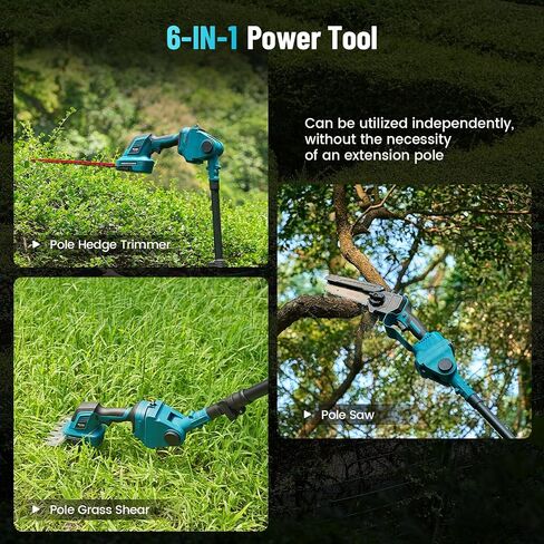 Seesii 6-in-1 Cordless Pole Saw and Pole Hedge Trimmer Grass Shears Combo Kit, Electric Mini Chainsaw with 2*4.0 Ah Batteries, Extension Tree Prunner, Bush Trimmer Limb Branch Cutter, 16ft Long Reach in Saudi Arabia