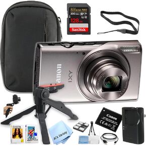 كاميرا Canon PowerShot IXY 650 (ELPH 360) HS الرقمية (فضية) + ذاكرة Extreme PRO سعة 128 جيجابايت + حافظة، مقبض، حزمة البرامج (الحزمة الأساسية) (متجددة)، أسود