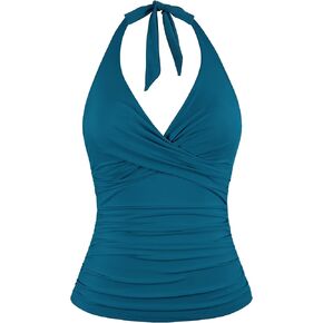 Firpearl Underwire Tankini Tops for Women Ruched Tummy Control Bathing Suit Tops Halter V Neck Swimsuit Top Only