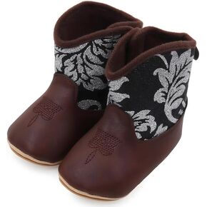 QIETION Leather Western Boots Cowboy Bootie Soft Sole Non-Slip Crib Shoes for Baby Girls Boys Infant Toddler Newborn