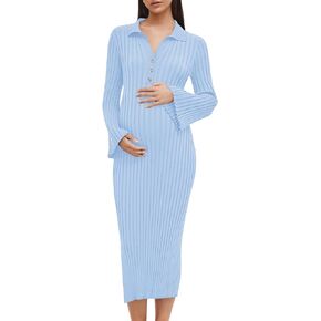 فستان سترة الأمومة للنساء الخامس الرقبة كم طويل مضلع متماسكة سليم صالح الحوامل شق Bodycon فستان ميدي