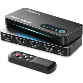 AVIDGRAM 3 Port HDMI 2.1 Switch 4K 120Hz, 8K 60Hz Automatic Switching Selector Hub with IR Remote, 48Gbps Bandwidth, Compatible with PS4 Pro, PS5, Xbox Series X, UHD TV, Monitor, Projector