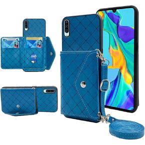 ELISORLI Compatible with Huawei P30 Wallet Case with Crossbody Shoulder Strap and Stand Leather Credit Card Holder Lanyard Slot Cell Accessories Phone Cover for Hawaii P 30 ELE-L29 Women Blue
