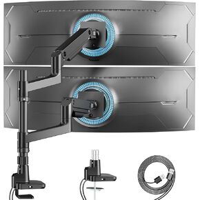 Dual Monitor Arm for Ultrawide Heavy Duty Curved Monitor Stacking, Fits 17-49 Inch, Vertical Gas Spring Double Monitor Mount with USB, Adjustable Dual Monitor Mount for Desk, Black