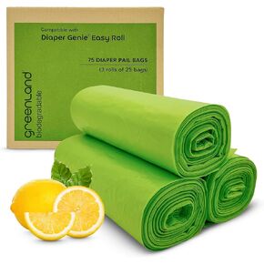 Greenland Biodegradable Diaper Pail Refills with 75 Bags Compatible with Genie Easy Roll Signature Diaper Pails (3-Pack - 75 Bags)