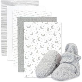 Zutano Newborn Girl Gift Set | 5 Pack Organic Burp Cloths and 0-3 month Fleece Baby Booties, Bundle, 3M