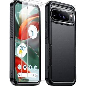 for Google Pixel 9 Pro Case/Google Pixel 9 Case, with 2 Pack[Tempered Glass Screen Protector][Dual Layer][10 FT Military Drop Protection] Shockproof Protective Phone Case, Black
