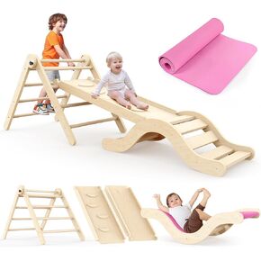 5-in-1 Pikler Triangle Climbing Set, Indoor Toddler Climber with Ramp, Arch & Mat, Foldable Montessori Play Gym for Kids Ages 1-3