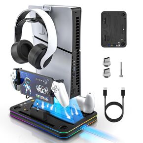 3-in-1 PS5 Charging Stand, PS5 Cooling Station with RGB LED Light and Cooling Fan, PS5 Controller Charger for Dual Sense/Edge Controller, and Holders for Headset, Remote, and PS Portal Charger