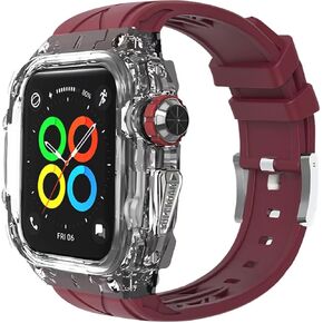 Case with Band Compatible for Apple Watch Series 9 8 7 45mm/6 5 4 SE 44mm Rugged Men/Women Luxury Transparent Protective Rugged Case Fully Wrapped Lightweight Rugged. (White-red)
