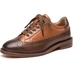 BEAU TODAY Women's Oxfords, Leather Brogue Dress Oxford Shoes, Classic Wingtip Lace-up Saddle Shoes for Women, Comfortable Casual Business Office Vintage Flat Shoes