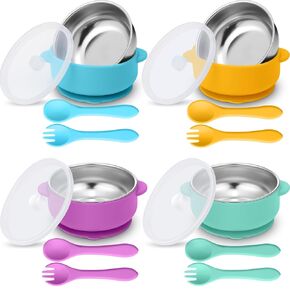 Nuogo 4 Sets 304 Stainless Steel Baby Bowls with Removable Silicone Shell Toddler Bowls with Suction Kids Bowls with Lids Spoons and Fork Baby Feeding Set Anti Scald for Baby Toddler, Dishwasher Safe in Kuwait