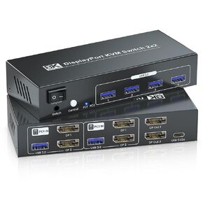 8K@60Hz Dual Monitor Displayport KVM Switch 2 Monitors 2 Computers, USB 3.0 4K@120Hz DP KVM Switch for 2 PCs Share 2 Monitors and 4 Port USB 3.0 to Connect Keyboard, Mouse, Printer and More