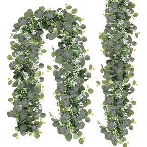 N&T NIETING 6 Pack Artificial Eucalyptus Leaf Garland, Faux Greenery Garland Decor 6 FT Summer Garland, Fake Hanging Vines Garlands for Decoration Table Mantle