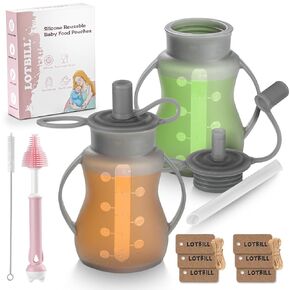 Reusable Baby Food Pouches with Straws for Toddlers, 2 Pack Silicone Baby Food Squeeze Pouches Refillable for Kids,Leakproof, Dishwasher & Freezer Safe, Perfect for Homemade Puree, Yogurt