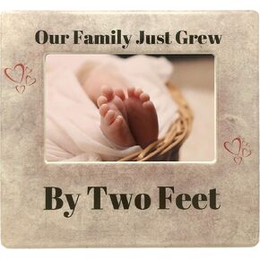 BANBERRY DESIGNS New Baby Frame Our Family Just Grew By Two Feet Heart Design with Tan Marble Like Background - Nursery Décor 4" X 6" Picture Opening