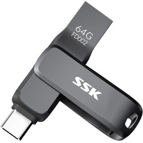 SSK USB 3.2 Flash Drive 64GB,Up to 200 MB/S Read Speed USB C Memory Stick,Dual USB C Thumb Drive with USB Type-C and USB A,Robust Black Metal Pen Drive for Smartphones,Tablets,Mac,Laptop,Car,TV