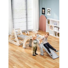 VBABY Pikler Triangle Set 4 in 1, Climbing Toys for Toddlers 1-6, Plastic Montessori Climbing Set, Foldable Baby Climbing Gym, Outdoor & Indoor Kids Climbing Toys, White & Gray