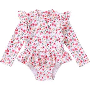 ملابس سباحة للأطفال من YOUNGER TREE بأكمام طويلة وسحّاب مكشكش وواقي من الطفح الجلدي للرضع قطعة واحدة ملابس سباحة للأطفال الصغار (زهور وردية صغيرة، 18-24 شهرًا) in Kuwait