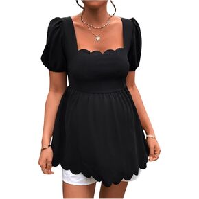 MakeMeChic Women's Maternity T Shirts Scallop Square Neck Puff Sleeve Casual Pregnancy Tops