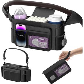 KDD Universal Stroller Organizer with Insulated Cup Holder, Stroller Bag Caddy with Detachable Wristlet Pocket & Shoulder Strap, Stroller Accessories Fits Uppababy, Doona, Nuna, Baby Jogger, Britax