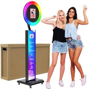 JIYANG Photo Booth مع التحكم في تطبيق البرنامج، آلة كشك الصور المحمولة المتوافقة مع Ipad 12.9in 11in 10.9in 10.2in، مزامنة الموسيقى، شعار مخصص مجاني، حافظة طيران، للحفلات، الزفاف (صندوق الضوء الأبيض)
