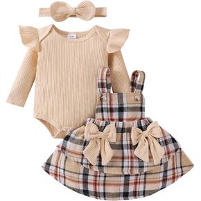 Baby Girl Clothes Fall Winter Outfit Long Sleeve Ruffle Romper Plaid Skirt Bow Headband 3 Pcs Set 0-18 Months