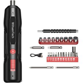 27 in 1 Cordless Electric Screwdriver Set 4.2V 250 RPM 6N.m Torque Type-C Rechargeable with 10cm & 5cm Extended Bits 12 Standard Bits Universal Joint 9 Socket Bits for DIY Home Repair
