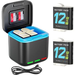 HONGDAK Battery Charger for GoPro Hero 12 Battery 2-Pack 2000mAh Battery Capacity and Fast Battery Charger with Micro SD Storage Slots Compatible with Hero 12 11 10 9 Black Official Accessories