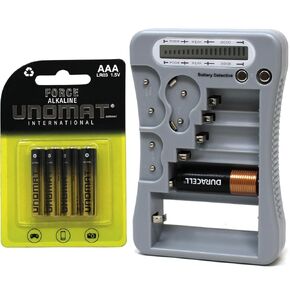 12 Type Battery Tester (Grey) with LCD Display for Household Batteries AA AAA C D 9V CR2032 CR123A N/LR1 CR2 CR-V3 2CR5 CR-P2 1.5V/3V Button Cell Batteries + AAA Batteries (4pack)