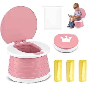 Portable Potty for Toddler, Blue Pink Travel Foldable Toilet Seat, gift idea for Boy and Girl 2 3 4 5 years old, Training Toilet for Kids with 3 rolls of disposable bags, car potty for children