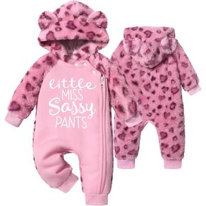 Baby Girl Onesie Snowsuit Bear Outfit Winter Leopard Print Fleece Hoodie Romper Zip Closure Clothes Set