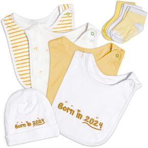 FoxE 'Born in 2024' Unisex Newborn Gift Set - 'Born in' Beanie and Bib, 3-Pack Socks, 3 Bibs - Ideal Gift for Baby Boy & Girl
