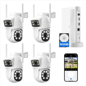 CAMCAMP Wireless Security Camera System Outdoor, 2K Dual Lens Linkage 2.4G/5G WiFi PTZ Camera, Auto Tracking, Human Detection, Light Alarm, 24/7 Record, Two-Way Audio,10CH Expandable NVR, 500GB HDD