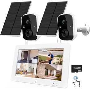 Solar Wireless Security Camera System with 7" Touchscreen Monitor, 2PCS 4MP WiFi Battery Powered Camera Outdoor, PIR Human Detection, 2-Way Audio, Color Night Vision, Pre-installed 64GB SD Card