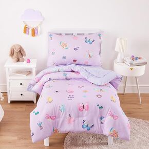 Wake In Cloud - Butterfly Toddler Bedding Set for Girls, Cute Colorful Butterfly with Floral Flowers, 4 Pieces Soft Crib Bed Set Including Comforter, Sheets and Pillowcase, Pink