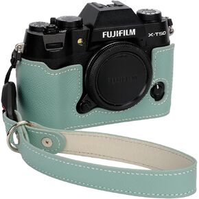 Bowan X-T50 Camera Case, Handmade Genuine Real Leather Half Camera Case Bag Cover for Fujifilm X-T50 Camera Bottom Opening Version + Hand Strap (Mint green)