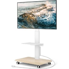 YOMT Floor TV Stand with Power Outlet, Universal TV Stand for 32-70 inch TV, Swivel Rolling Height Adjustable Portable TV Stand on Wheels, Modern Mobile Wood Base White TV Stand