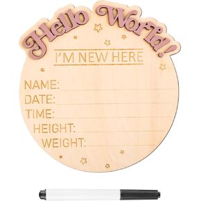 Baby Announcement Sign, I'm New Here Wooden Baby Announcement Sign Hello World Newborn Sign Photography Props Welcome Baby Birth Record Decoration(Word)
