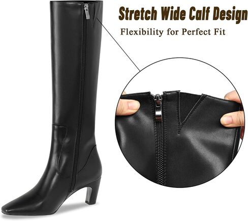 Knee High Boots Women Square Toe Tall Boots Chunky Block heels Long Boots Side Zipper Dress Fashion Boots in Kuwait