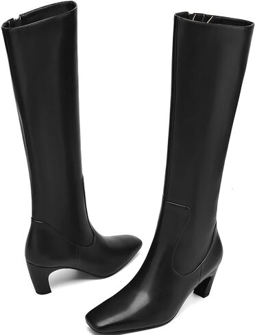 Knee High Boots Women Square Toe Tall Boots Chunky Block heels Long Boots Side Zipper Dress Fashion Boots in Kuwait