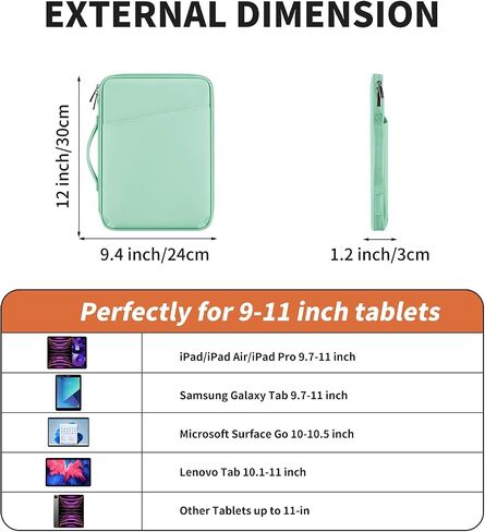 Mint Green PU 11" Protective Tablet Case for iPad & More | Tablet Sleeve Carrying Bag for Samsung Galaxy Tab Case, Surface Go 3/2/1 Keyboard Case, with Pockets for Accessories in Saudi Arabia