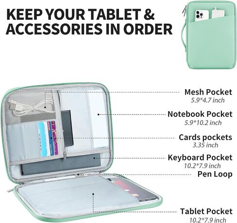 Mint Green PU 11" Protective Tablet Case for iPad & More | Tablet Sleeve Carrying Bag for Samsung Galaxy Tab Case, Surface Go 3/2/1 Keyboard Case, with Pockets for Accessories in Saudi Arabia