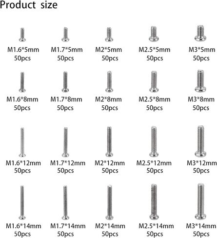1000 Pcs Tiny Screws for Electronics, M1.6 M1.7 M2 M2.5 M3 Round Head Mini, Replacement Computer Screws, Small Machine Assortment Kit for Laptop Notebook Glasses Repair(1000) in Saudi Arabia