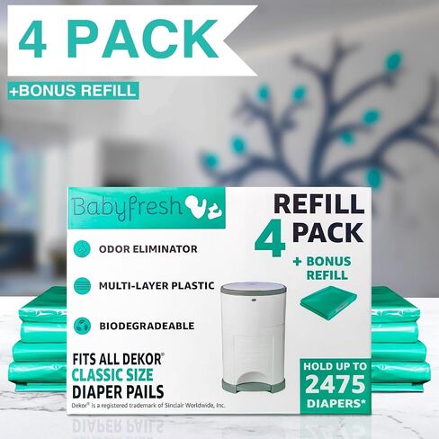 Refills Compatible with DEKOR Classic Diaper Pails 4 Pack Plus 1 More Exclusive 30% Extra Thickness Diaper Pail Refill Bags with Powerful Odor Elimination Fresh Powder Scent | Holds up to 2475 Diapers in Saudi Arabia