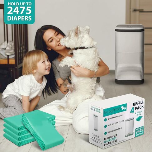 Refills Compatible with DEKOR Classic Diaper Pails 4 Pack Plus 1 More Exclusive 30% Extra Thickness Diaper Pail Refill Bags with Powerful Odor Elimination Fresh Powder Scent | Holds up to 2475 Diapers in Saudi Arabia