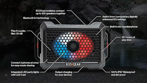 ECOXGEAR Defender صوت هائل 121 ديسيبل، مقاوم للماء (IP67)، محمول، بلوتوث 5.1، 100 وات، اتجاهين، مكبر صوت خارجي مع أضواء LED للحفلات، وقت تشغيل يزيد عن 25 ساعة (بلوط أسود) in Saudi Arabia