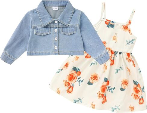 Baby Girls Floral Suspender Dress & Long-Sleeved Toddler Girl's Lovely Denim Jacket Outfit Cardigan Set in Saudi Arabia