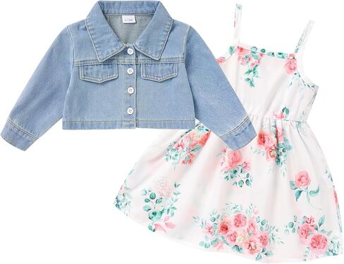 Baby Girls Floral Suspender Dress & Long-Sleeved Toddler Girl's Lovely Denim Jacket Outfit Cardigan Set in Saudi Arabia